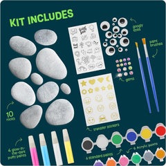 Creoos Rock Painting Kit for Kids Glow in The Dark Arts and Crafts Toys 12 Acrylic Paint 10 Rocks Stickers Gems Craft Summer Activities Kits Art Set DIY Supplies Birthday Gifts Toys for Girls and Boys