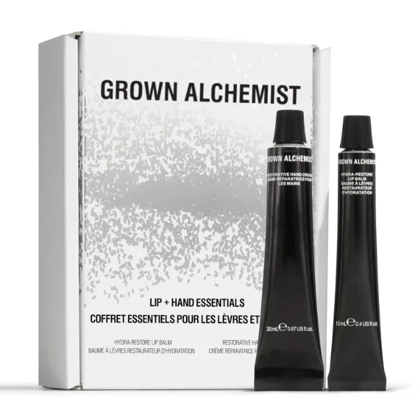 Grown Alchemist Lip + Hand Essentials Holiday Gift Kit. Hydra-Restore Lip Balm (12 mL) & Restorative Hand Cream (20 mL). Natural Hydration Duo