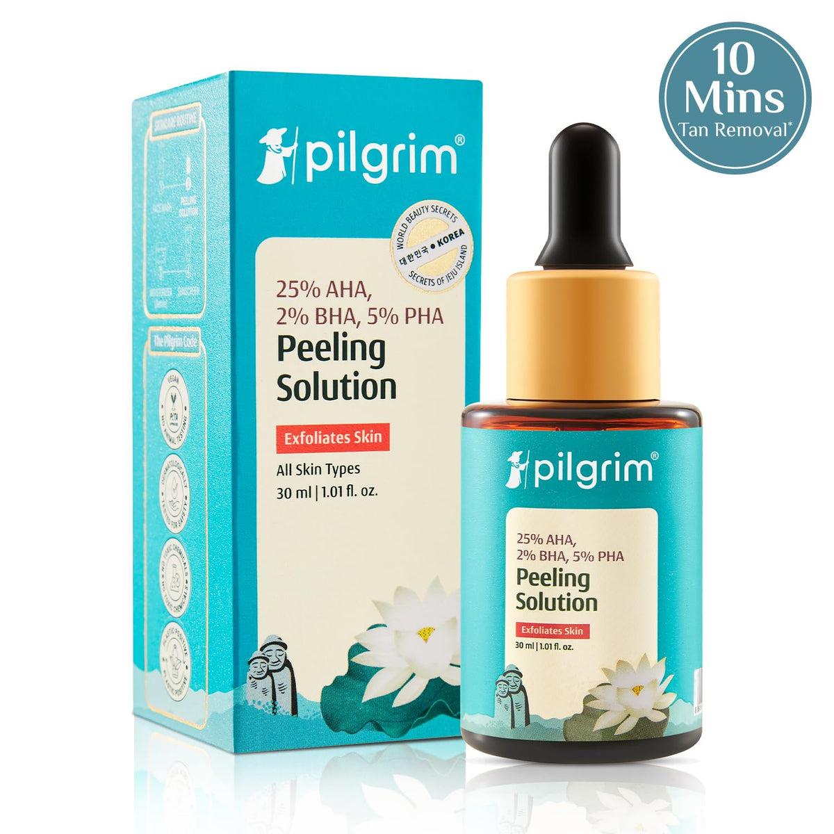 Pilgrim 25% AHA + 2% BHA + 5% PHA Peeling Solution 30ml For Face & Body |10-Minute Facial At Home|Gentle Exfoliating Serum for Tan Removal |For Glowing Skin Even Skin Tone, Pore Cleansing |Men, Women