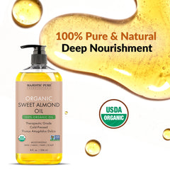 Majestic Pure USDA Organic Sweet Almond Body Oil | Large 236 ml | 100% Pure & Natural Cold Pressed Oil Sweet Almond Oil for Skin, Face, Nails, Hair, Scalp & Massage - 236 ml
