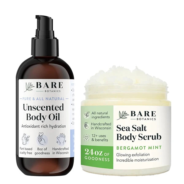 Bare Botanics Unscented Body Oil (Custom Formulated) + Bergamot Mint Body Salt Scrub