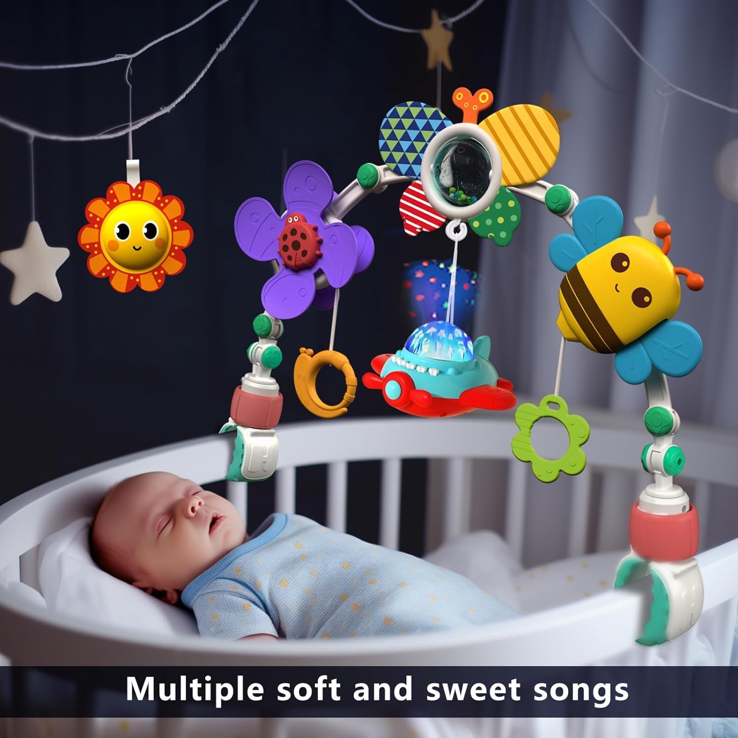 Musical Baby Stroller Arch Toys, Travel Car Seat Toys, Baby Play Arch Crib Accessory Toys,Travel Arch Bassinet Toys for Infant & Toddlers, Pram Activity Arch Bar Toys for Babies Infants ﻿