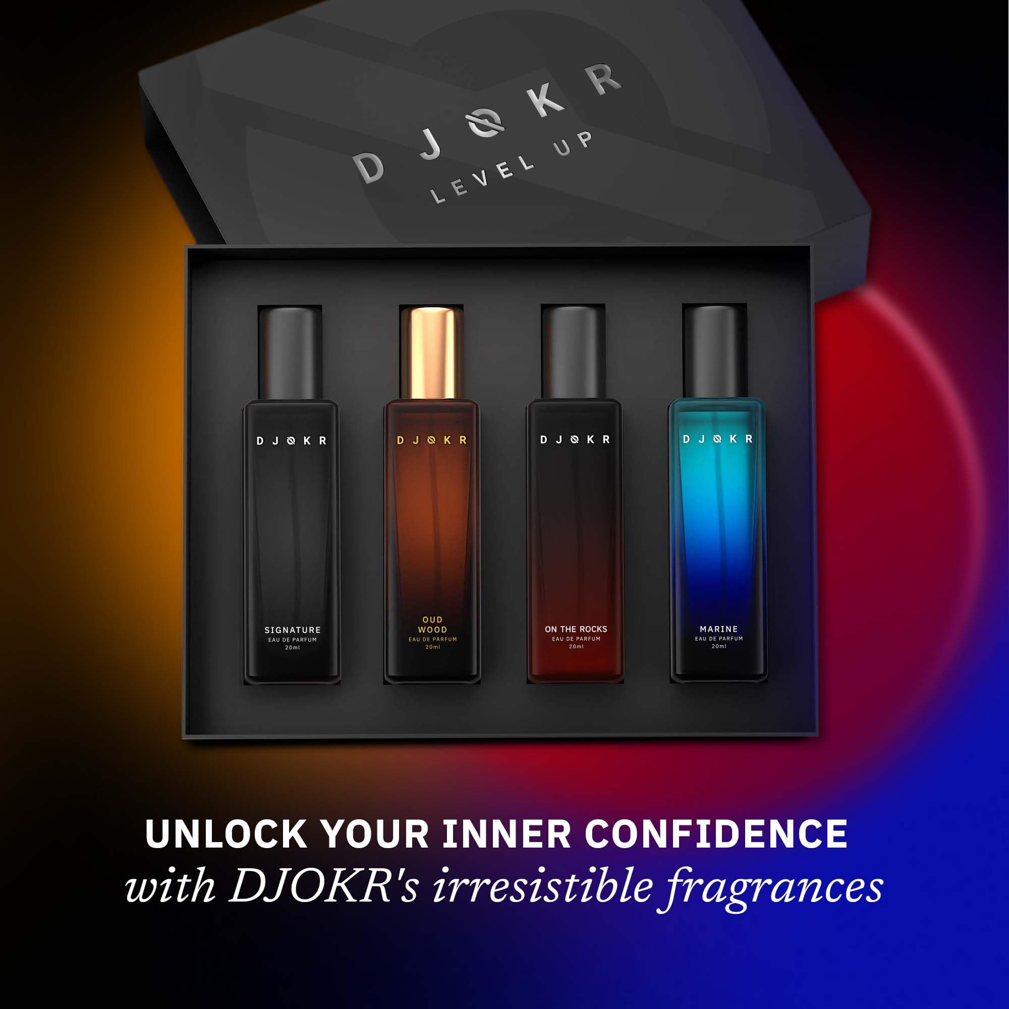 DJOKR Perfume Gift Set for Men Pack of 4x20 ML | Eau De Parfum | Premium Luxury Long Lasting Fragrance Spray | Signature, On The Rocks, Oud Wood, Marine (4x20 ml)