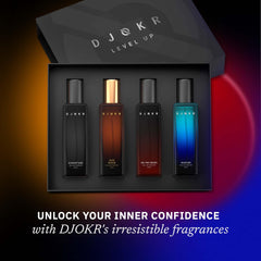 DJOKR Perfume Gift Set for Men Pack of 4x20 ML | Eau De Parfum | Premium Luxury Long Lasting Fragrance Spray | Signature, On The Rocks, Oud Wood, Marine (4x20 ml)