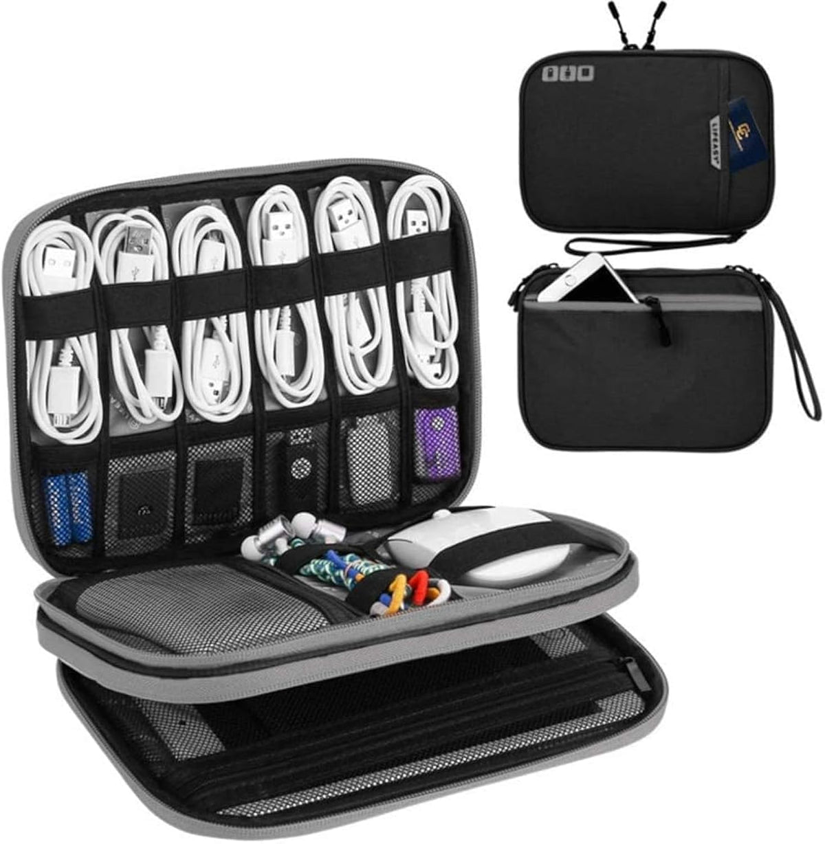 Liumrlte Electronic Organizer Travel Case, Travel Cable Organizer Bag Portable Waterproof Double Layers Electronic Accessories Storage Bag for Adapter Memory Cards USB Cable Charger (Black)