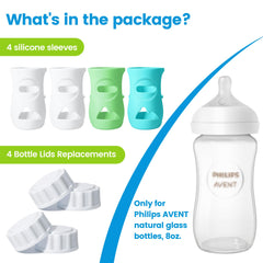 Joxodak 4 Pack Silicone Sleeves for Philips Avent Glass Bottle Food Grade Silicone Bottle Cover and 4pcs Travel Bottle Caps, Bottle Lids Replacement(for 8 oz Philips Avent Natural Glass)
