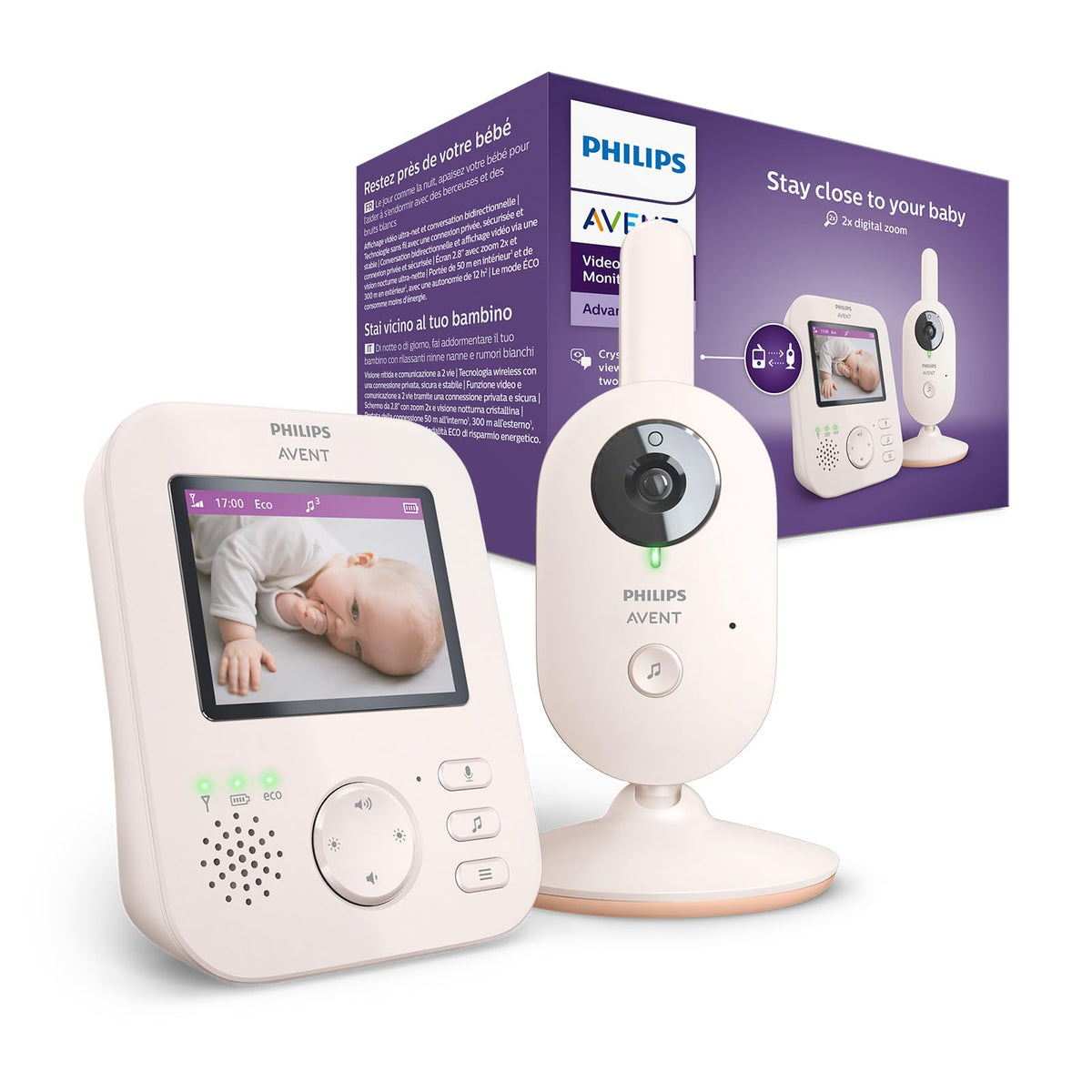 PHILIPS Avent Baby Monitor with Camera Advanced, 1080p - Safe Video Baby Monitor, 2.8 Inch Screen, 2x Zoom, Night Vision, Intercom Function, Lullabies, Baby Monitor (Model SCD881/26)