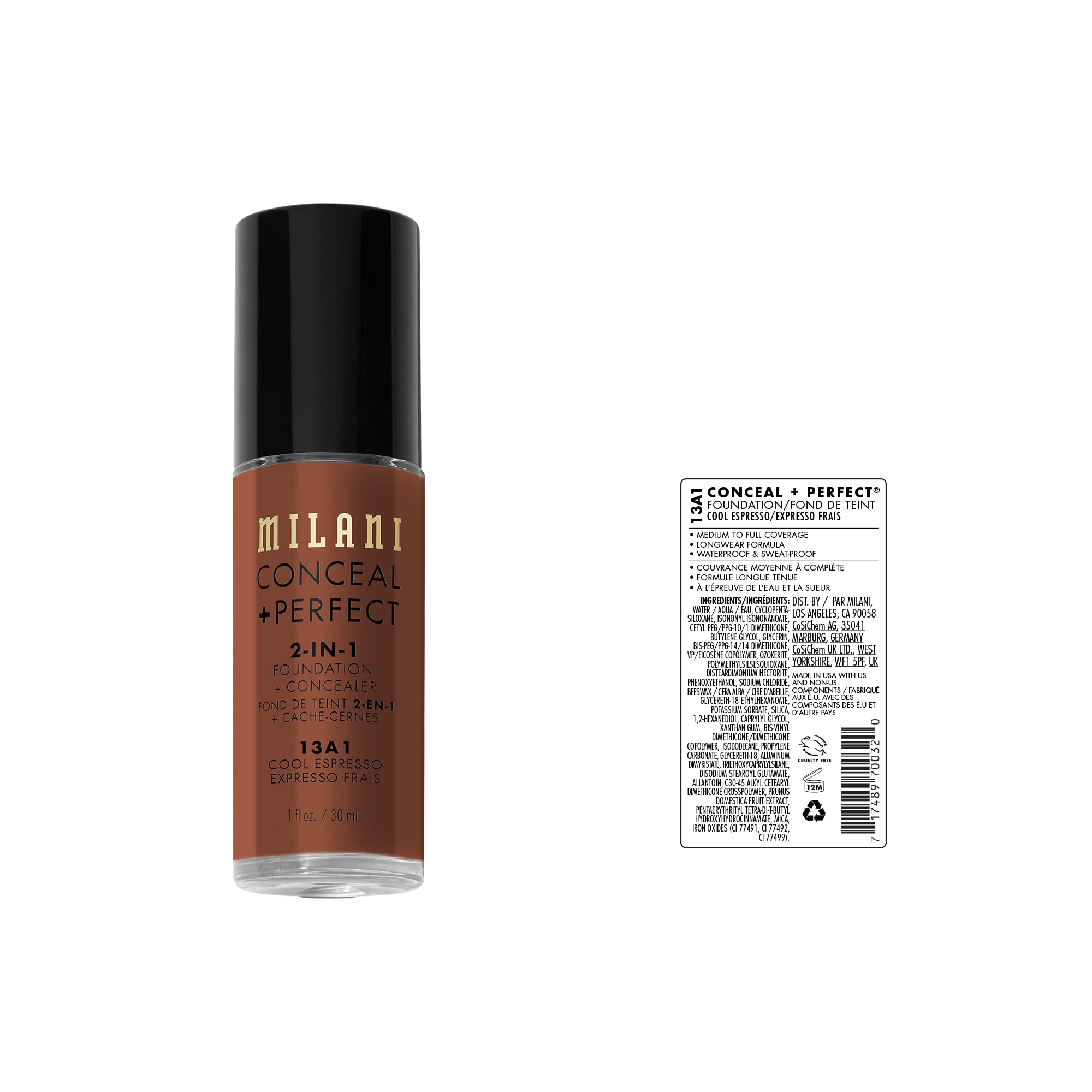 Milani Conceal + Perfect Liquid Foundation - Cool Espresso, 1 Fl. Oz.