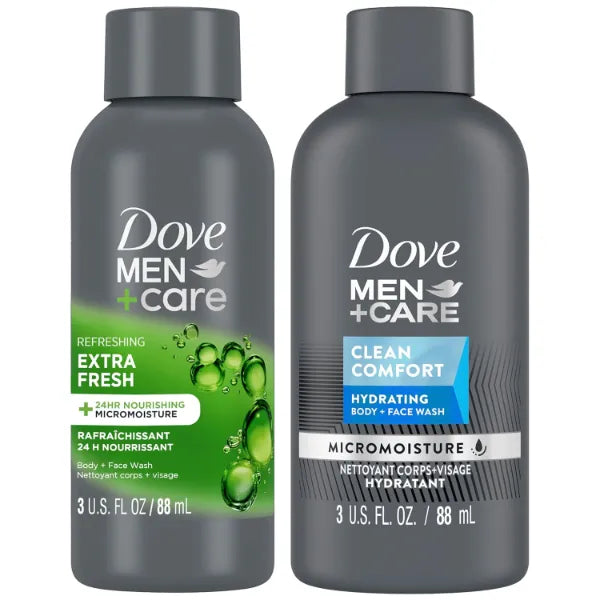 DOVE MEN + CARE Body & Face Wash Variety 2-Pack – Extra Fresh + Clean Comfort, Travel Essentials, 3 Oz Each