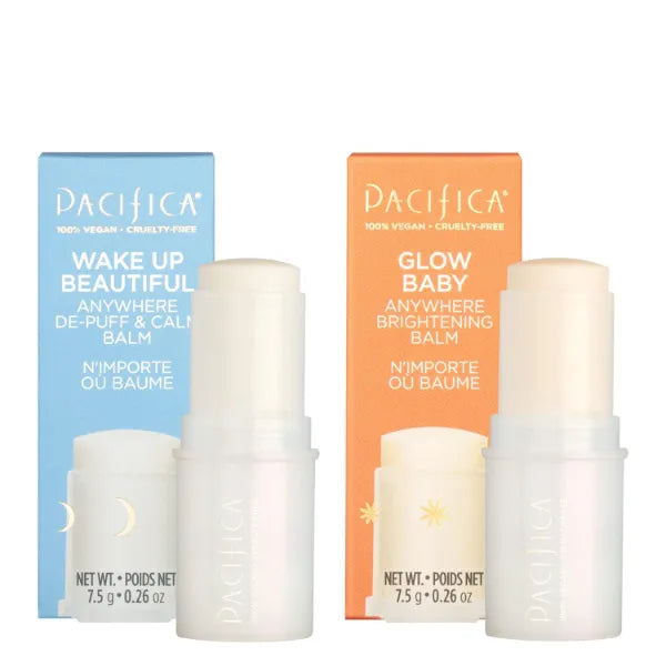 Pacifica Anywhere Stick Body Serum Set – Glow Baby Vitamin C Brightening Balm + Wake Up Beautiful De-Puff Balm Duo, 2-Pack Vegan Face Sticks