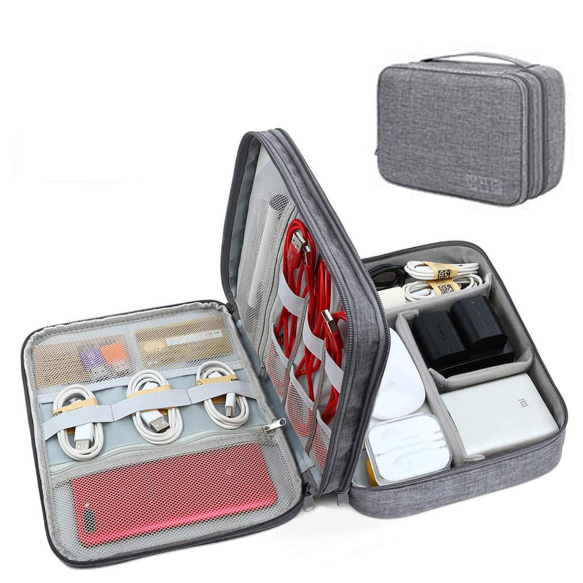 YOUBAMI Electronic Organizer Travel Universal Organizer Storage Bag, Three Layer Polyester Waterproof Trave Accessorie Bag with 4 Removable Division Pocket for Pen, Camera, Gray