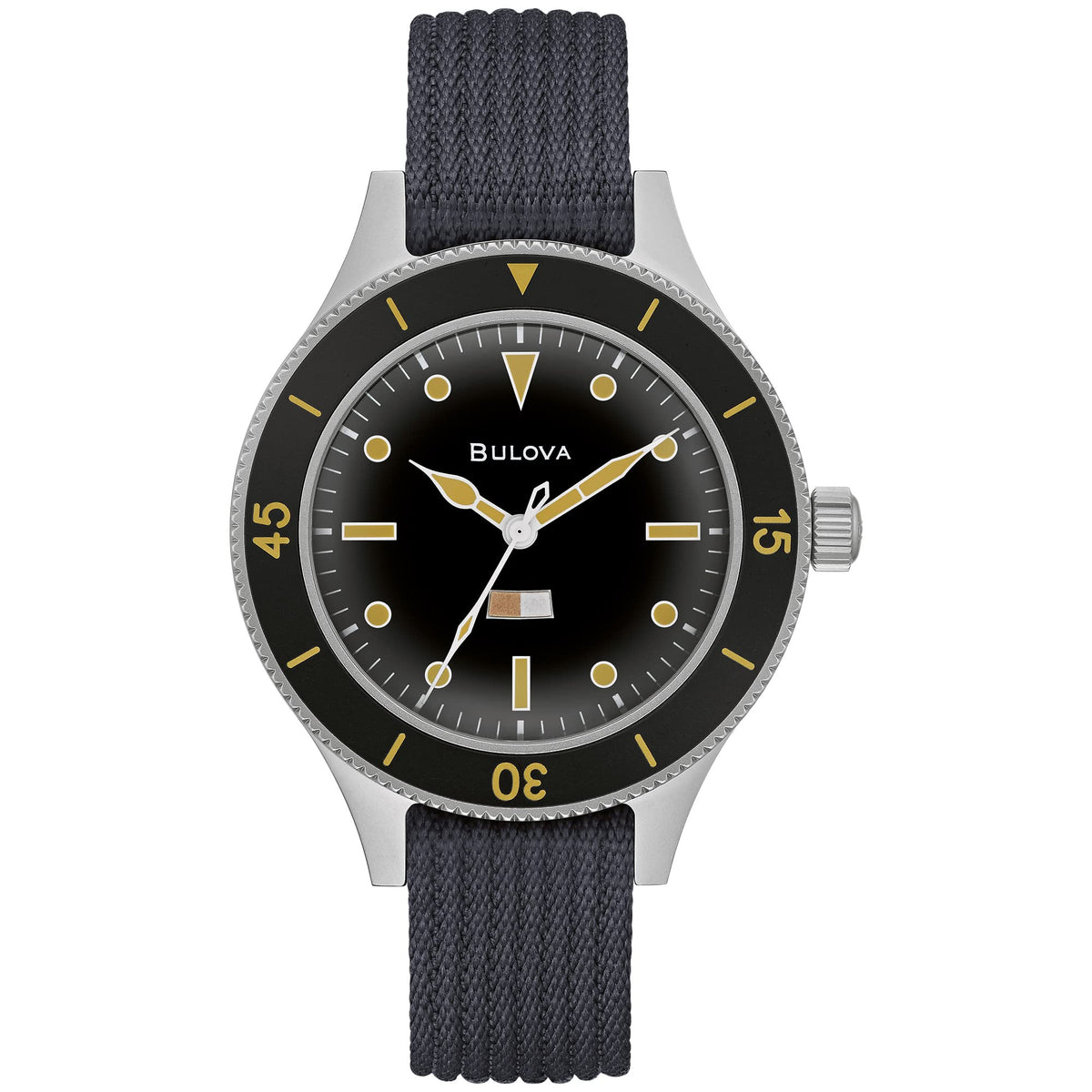 Bulova Men's Archive Series MIL-SHIPS-W-2181 Stainless Steel 3-Hand Hack Automatic Watch, Grey Nylon Strap and Black Matte Dial Style: 98A266, Silver, Automatic Watch