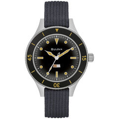 Bulova Men's Archive Series MIL-SHIPS-W-2181 Stainless Steel 3-Hand Hack Automatic Watch, Grey Nylon Strap and Black Matte Dial Style: 98A266, Silver, Automatic Watch