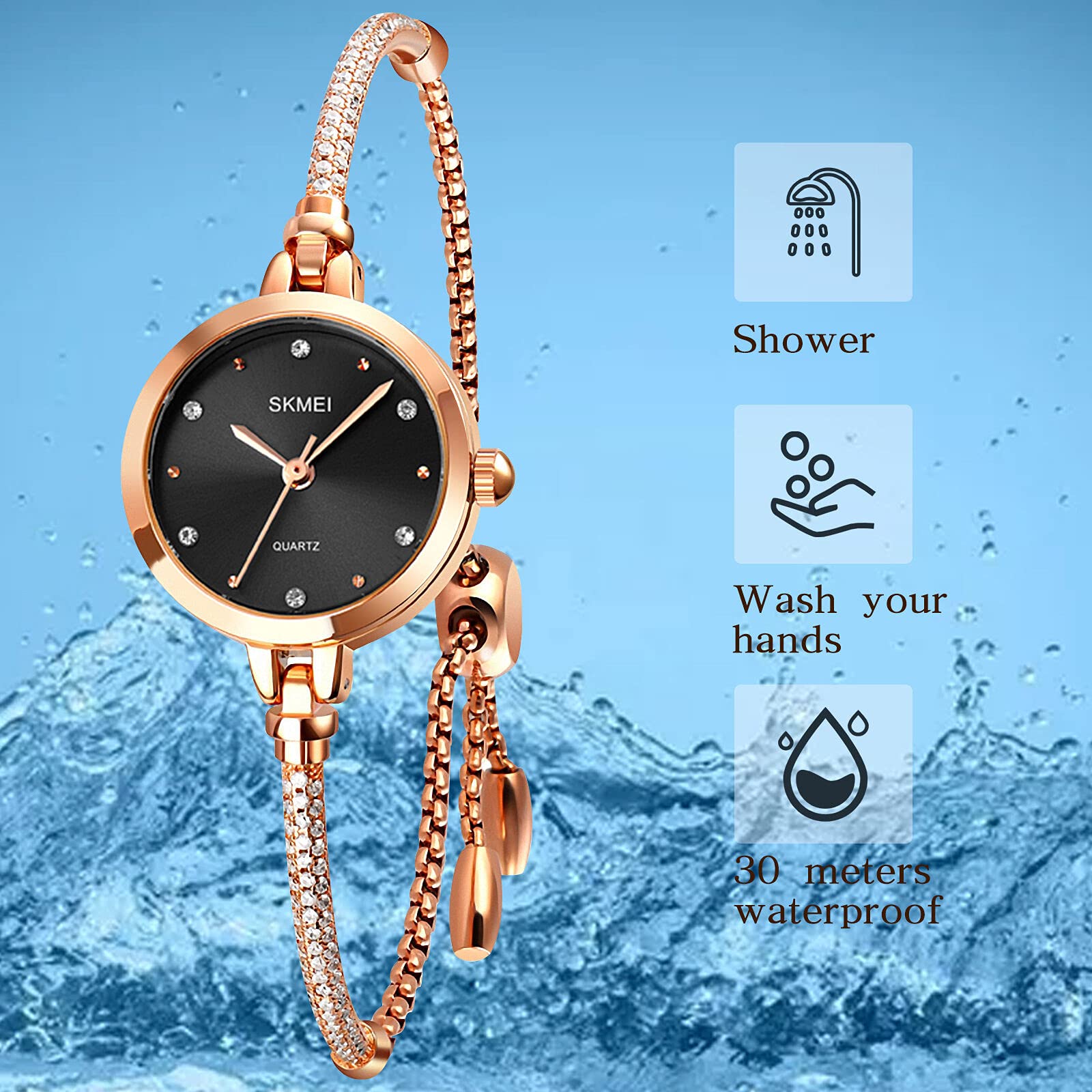 SKMEI Women Wrist Watch, Women Quartz Watch Fashion Thin Premium Crystal-Accented Watch, Rose Gold - Black, 0.9*0.3*0.1 inch,