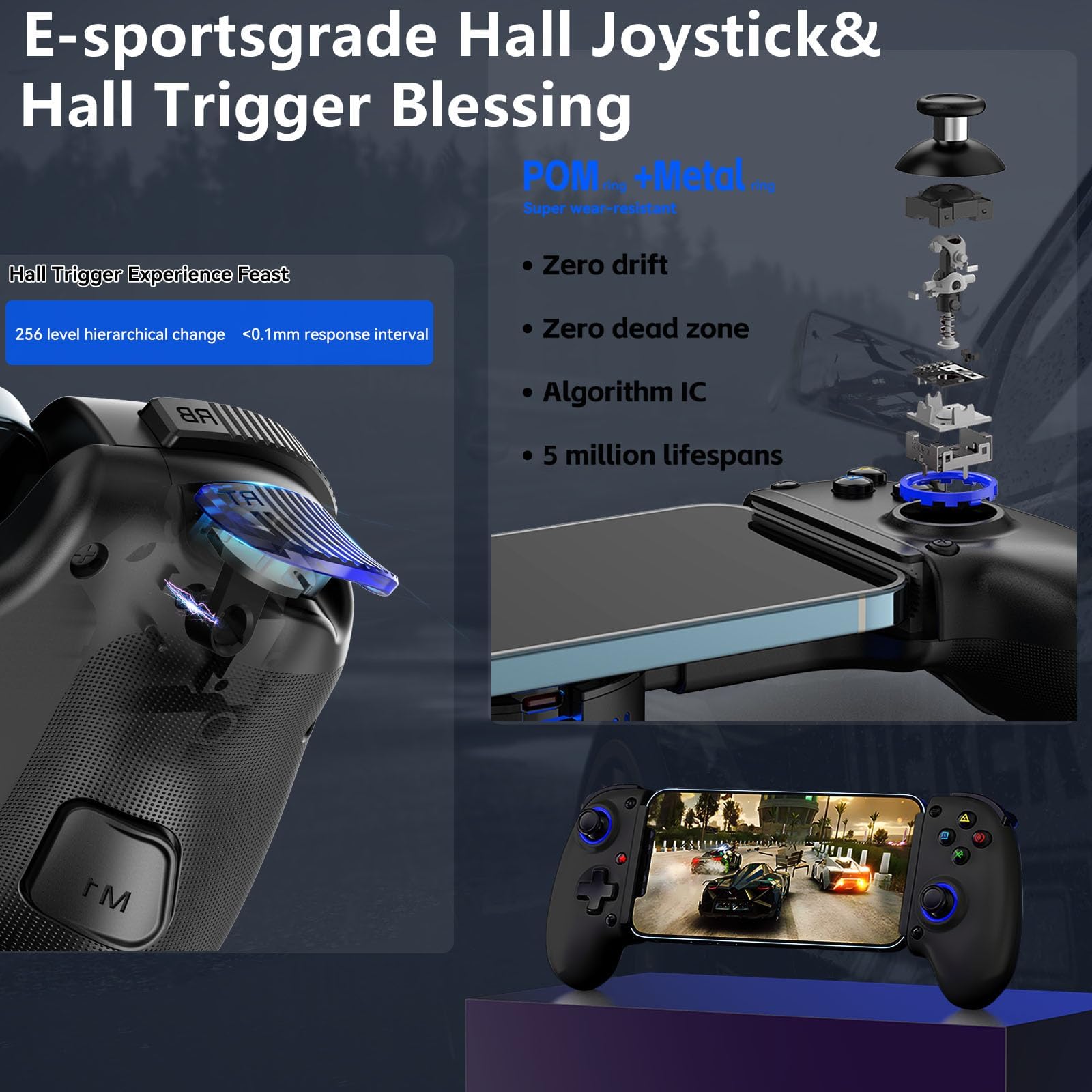 Mobile Cloud Gaming Controller for iPhone 16/15/14, iPad, Android, PC, Switch, PS3/PS4, Gamepad Joystick with Turbo, Hall Effect Trigger, 6-Axis Gyro Sensor, Streaming for PS4/Xbox/PC - Black