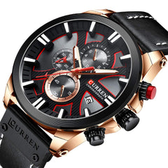 CURREN Mens Water Resistant Sport Chronograph Watches Military Multifunction Leather Quartz Wrist Watches - rose gold black