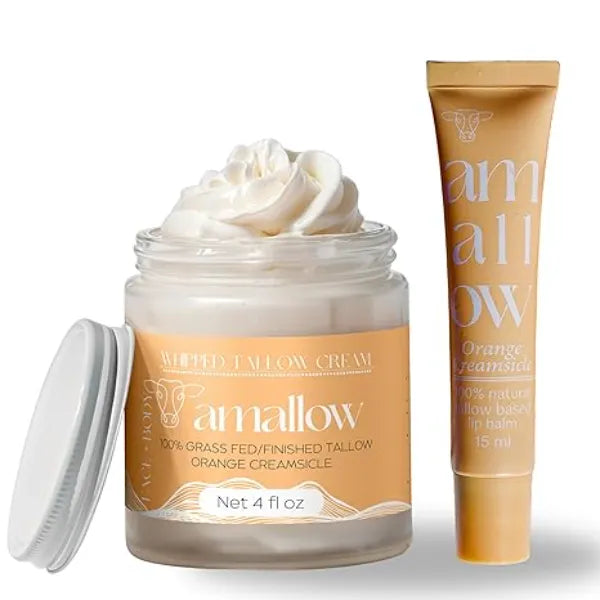 Amallow 100% Grass Fed Beef Tallow Skincare & Lip Balm Set Whipped Moisturizer for Face & Body (Orange Creamsicle) + All Natural Tallow Lip Balm (Vanilla Dream)