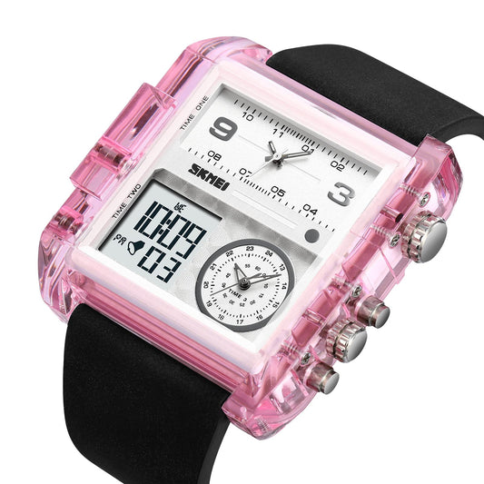 SKMEI Men's Square Watch, LED Backlight Large Screen Multi-Time Zone Men's Watch, Waterproof Analog Men's Digital Sports Watch, 2020 - Pink Transparent