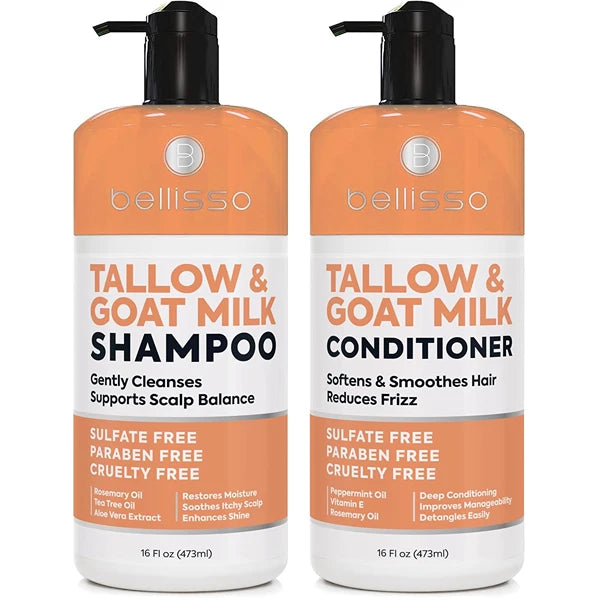 BELLISSO Beef Tallow Shampoo and Conditioner Set with Goat Milk - Sulfate Free Moisture for Women and Men - For Dry, Itchy Scalp - Hydrating, Thickening, Volume Care for Thinning Hair - 16.9 Fl Oz (Pack of 2)