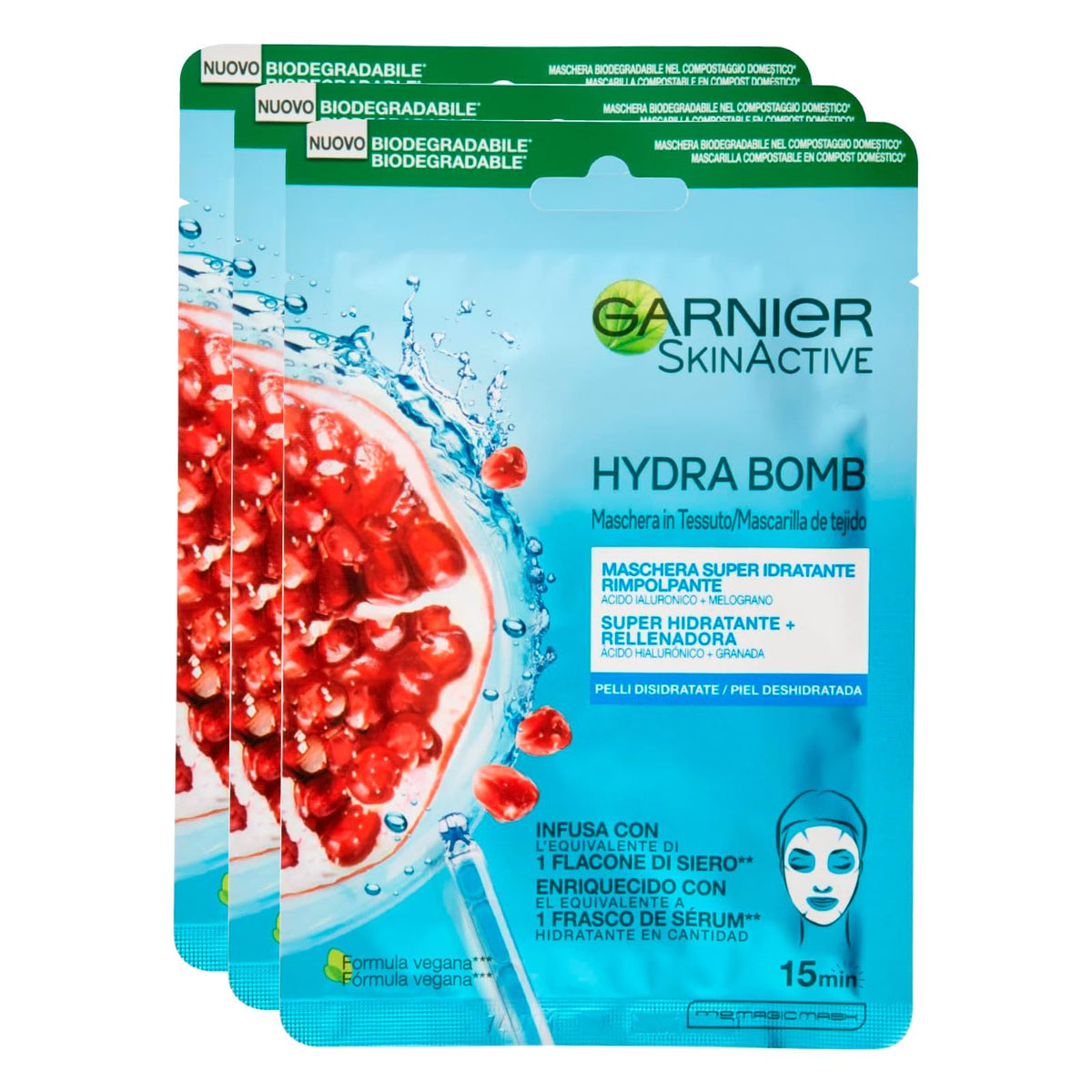 Garnier 3 x Skin Active Hydra Bomb Face Mask Moisturizing and Energizing Cloth Mask with Pomegranate and Hyaluronic Acid