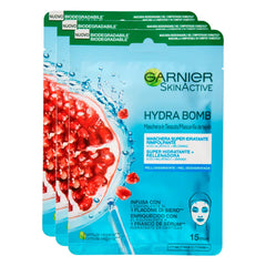 Garnier 3 x Skin Active Hydra Bomb Face Mask Moisturizing and Energizing Cloth Mask with Pomegranate and Hyaluronic Acid
