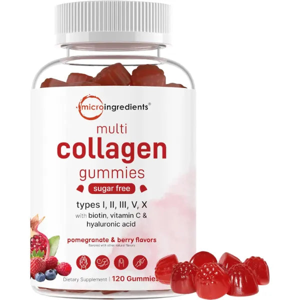 Micro Ingredients Multi Collagen Peptides, 120 Collagen Gummies | Type I,II,III,V,X Protein with Biotin, Hyaluronic Acid, & Vitamin C Complex | Pomegranate & Berry Flavored | Sugar Free, Non-GMO