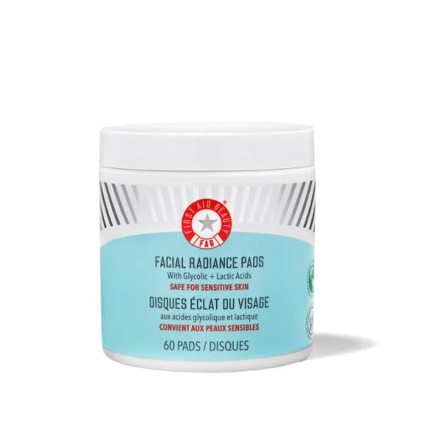 First Aid Beauty - Facial Radiance Pads with Glycolic & Lactic Acids, Daily Exfoliating pads with AHA that Help Tone & Brighten Skin, One-Step Makeup Prep, Compostable for Daily Use, 60 ct