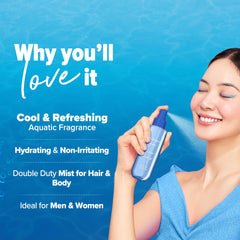 Aqualogica Refresh+ Ocean Breeze Perfume Body Mist for Women | Refreshing Aquatic Fragrance | Hydrating & Non-Irritating | Double Duty Mist For Hair & Body | Skin Friendly | 150 Ml