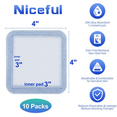 Niceful Super Absorbent Wound Dressing 4"x 4"(10 Pcs), Sterile Non Stick Gauze Pads for Wound Care, Heavy Exudate Non Adhesive Large Bandages for Pressure Ulcers, Bedsores, Diabetic Foot Ulcers