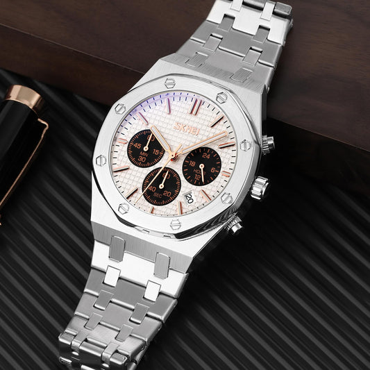 Skmei Men's Stainless Steel Chronograph Dress Watch, Steel Band, Men's Watches Waterproof Sport Military Watches, Classic Luxury Business Dress Watches for Men with Date, Sliver, classic