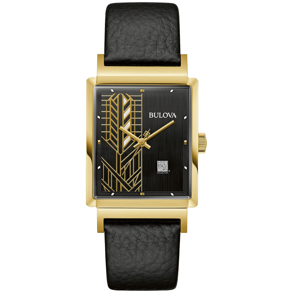 Bulova Men's Frank Lloyd Dana-Thomas House Quartz Watch, Gold, Frank Lloyd Wright Dana-Thomas House Gold-Tone Stainless Steel Black Leather Strap Watch - Black