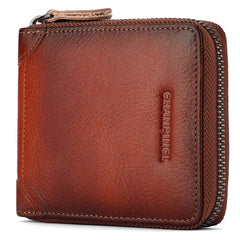 CHANPINCL Mens Genuine Leather Zipper Wallet RFID Secure Large Capacity Double Fold Multi-card Leather Wallets for Men and coin purse (Yellowish brown)