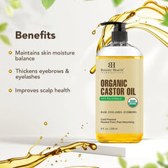 Botanic Hearth Castor Oil | USDA Certified Organic |100% Pure & Hexane Free | Cold Pressed | Growth for Eyelashes, Eyebrows, Hair | 8fl oz