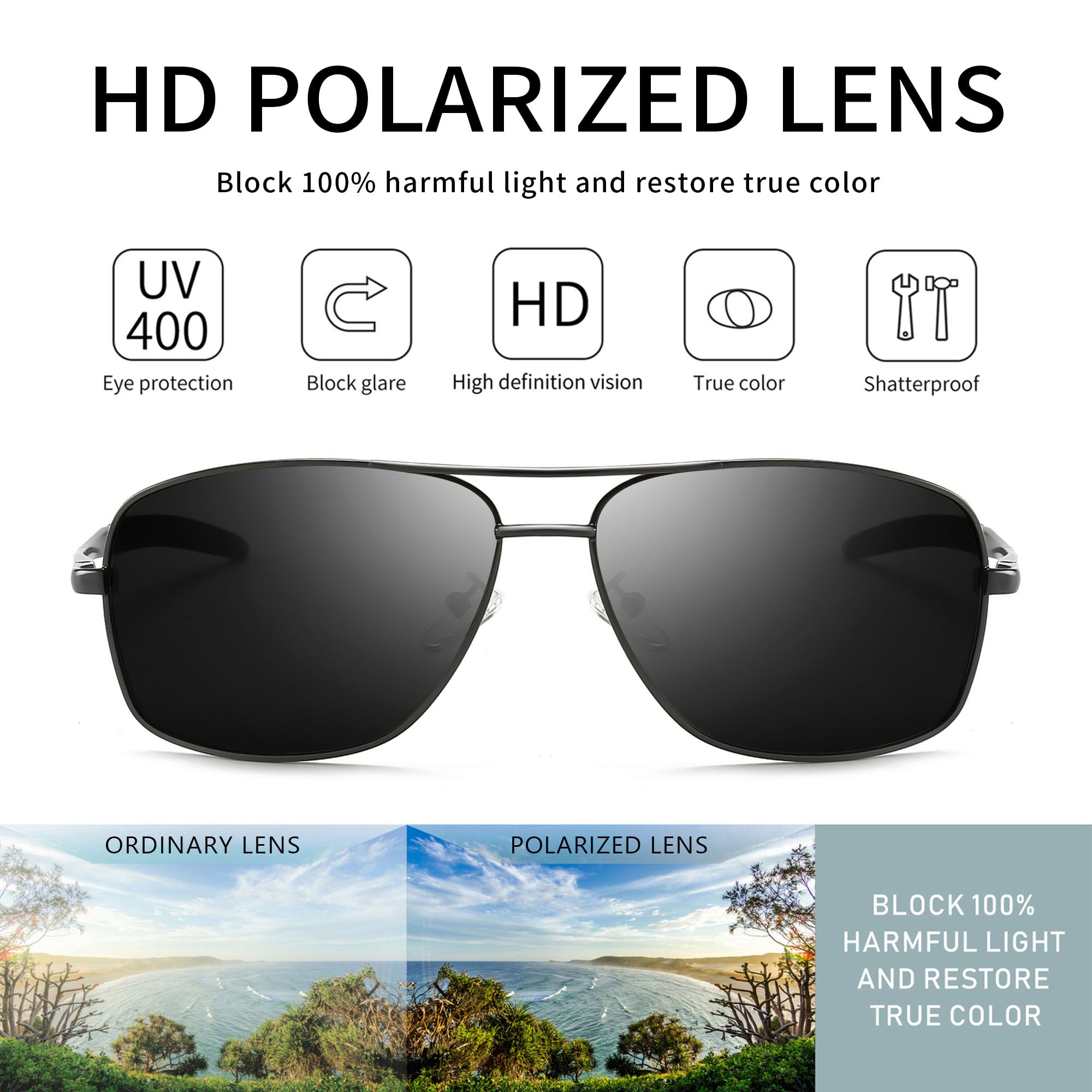 SUNGAIT Men's Polarized Square Aviator Sunglasses Durable Metal Frame for Fishing Driving Golf 100% UV Protection