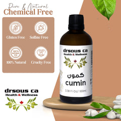 Drsous Ca Organic Cumin Oil 100ml | 100% Pure Cold Pressed Therapeutic Grade Essential Oil for Hair Growth, Muscle and Joint Relief | Made in Palestine