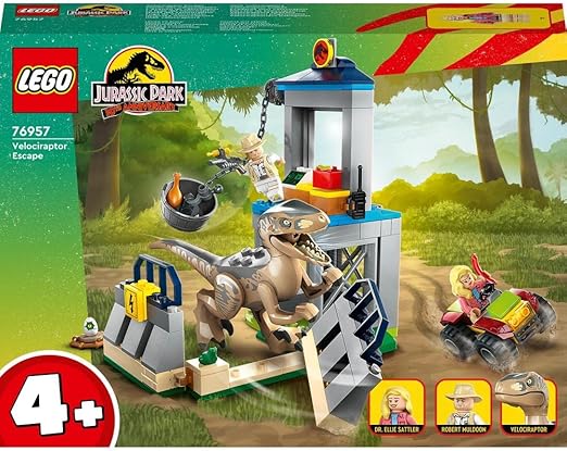 LEGO 76957 Jurassic Park Velociraptor Escape Dinosaur Toy for Boys, Girls, Kids Aged 4 and Up, Set with Dino Figure, Off-Road Car and 2 Minifigures