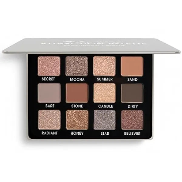 Lamora Attraction Eyeshadow Palette 12 Soft Brown Shadows, Multi Use Eye Makeup Palette with Matte & Shimmer Finishes, Ultra Blendable Everyday Neutrals, Long lasting Wear, Travel Makeup with Mirror