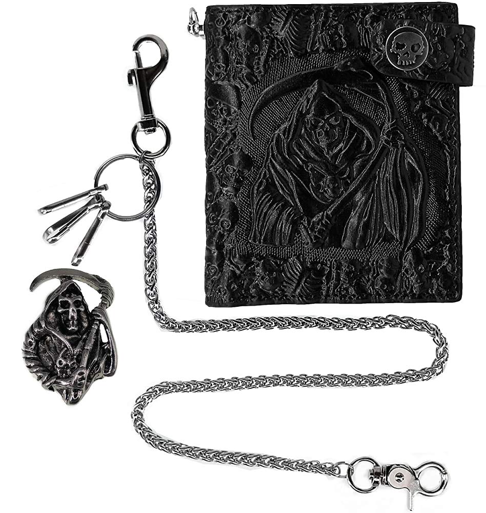 ABC STORY Mens Snap Gothic Cool Sugar Skull Key Chain Biker Wallet Money Clip Card Holder Black