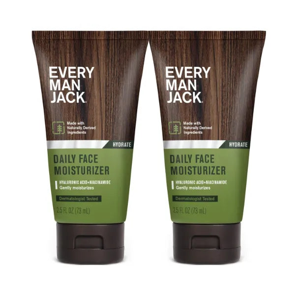 Every Man Jack Daily Face Lotion for Men, Deeply Moisturize and Revive Dry, Tired Skin with Hyaluronic Acid, Aloe Vera and Niacinamide - 2.5 oz (Pack of 2)