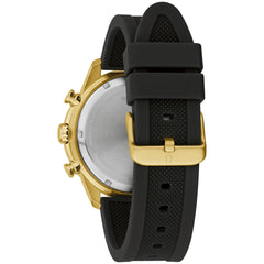 Bulova Men's Sport 6-Hand Chronograph Quartz Watch with Silicone Strap, 24 Hour Time, Calendar Date, Luminous Hands and Markers, 100M Water Resistant, 44mm - Gold and Black