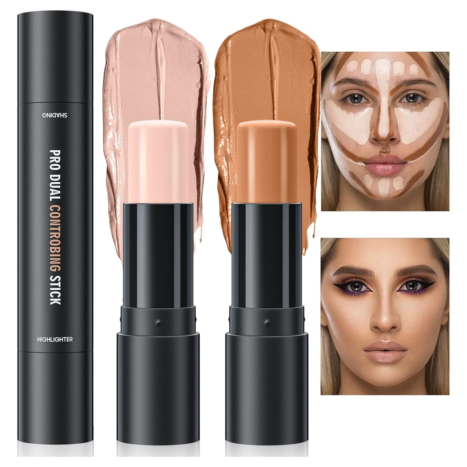 2 in 1 Highlighters & Contour Stick, Cream Bronzer Stick Contour, Waterproof & Long-Lasting Makeup Highlighter Contouring Stick, Face Body Contour Stick Makeup Bronzer Stick (01#Ivory - Dark Brown)