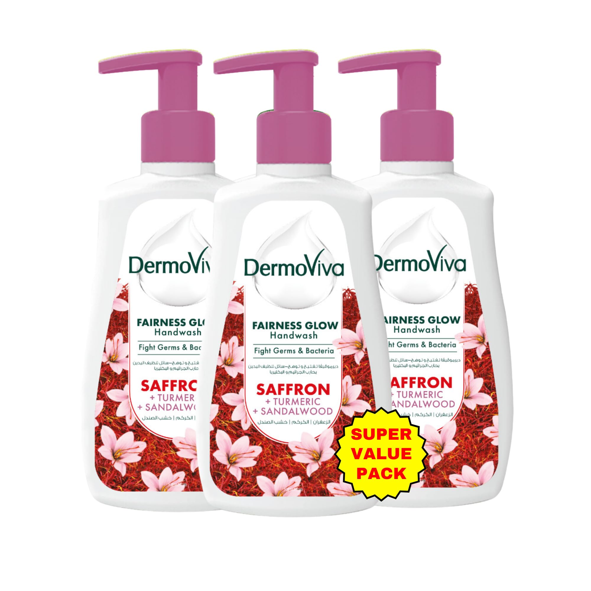 Dermoviva Fairness Glow Handwash - 3x200 ml | Cleanses & Fights Dark Spots | With Saffron, Turmeric & Sandalwood Extracts |