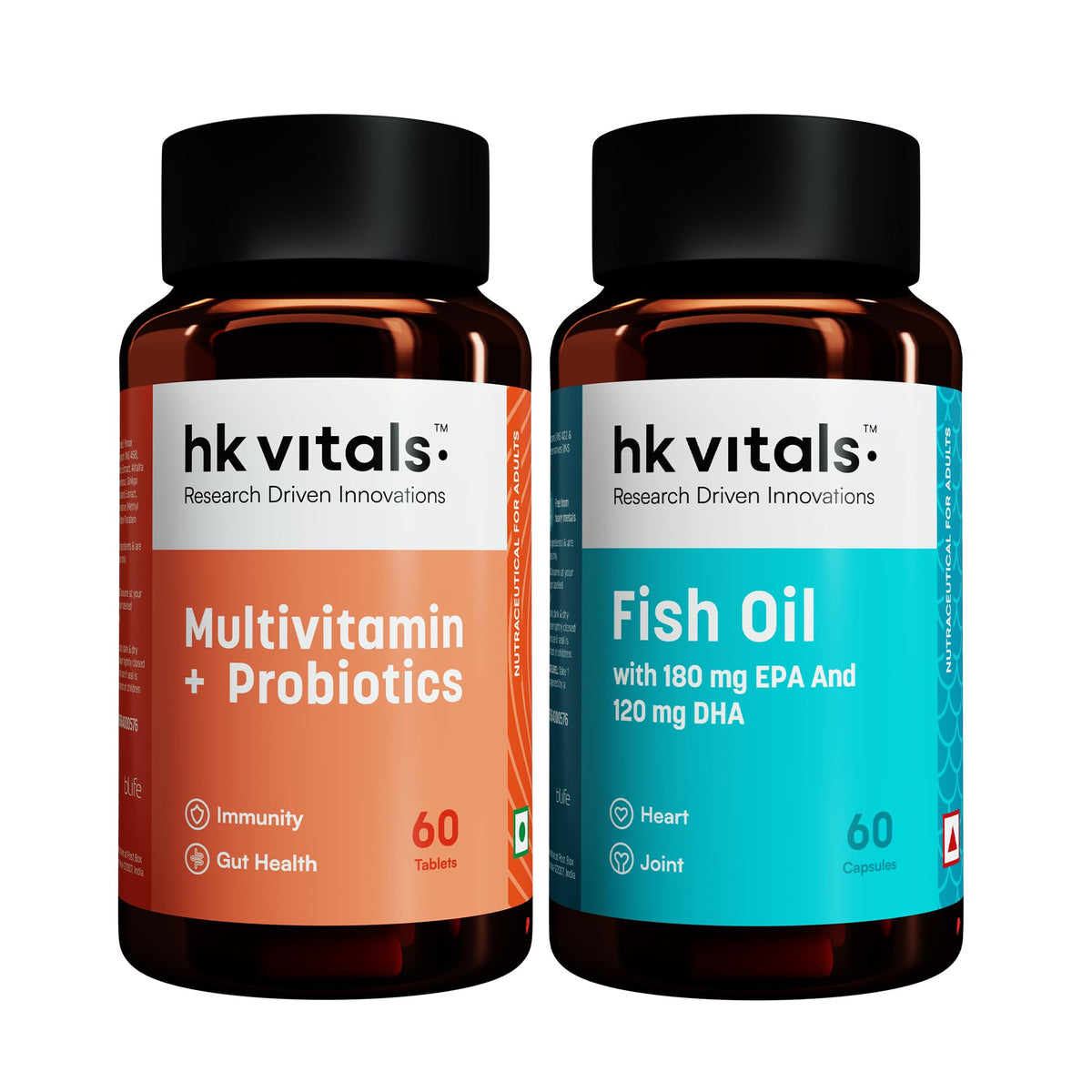 Healthcart HK Vitals Multivitamin with Probiotics, 60 Tablets and Fish Oil (1000mg Omega-3 with 180mg EPA and 120mg DHA), 60 Capsules