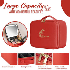 Travel Makeup Bag With Led Light Recargeable Magnifying Vanity mirror with 3 Adusjtable Brightness Mode Waterproof Cosmatic Train Case Cleaning Clothes & Divider RED (makeup bag with led light)