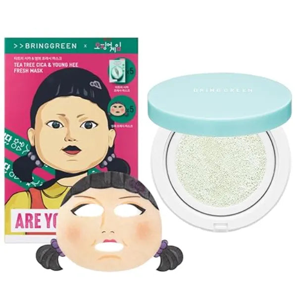 BRING GREEN Tea Tree CICA Sun Cushion + Squid Game Facial Mask Set Korean SPF 50+ Mineral Sunscreen & Soothing Sheet Masks Netflix Edition with Tea Tree & Younghee Masks