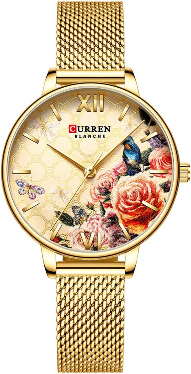 CURREN 9060 Luxury Casual Business Quartz Flower Dial Elegant with Stainless Steel Mesh Strap Band Wrist Watch For Women