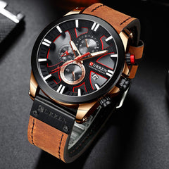 CURREN Mens Water Resistant Sport Chronograph Watches Military Multifunction Leather Quartz Wrist Watches, rose gold brown, Chronograph,Quartz Movement