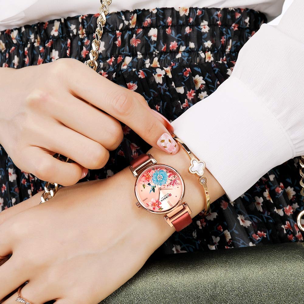 CURREN Ladies Analog Watch Rose Gold Stainless Steel Case Floral Design Dial Brown Leather Strap - Brown