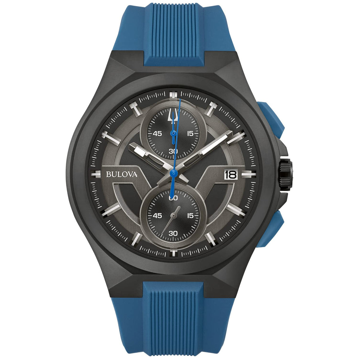 Bulova Men's Maquina Sport Black Ion-Plated Stainless Steel Case, 6-Hand Chronograph Quartz Watch with Matte Black Silicone Strap, Sapphire Crystal - Blue Strap/Blue Accents