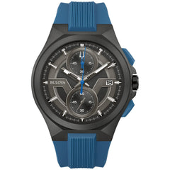 Bulova Men's Maquina Sport Black Ion-Plated Stainless Steel Case, 6-Hand Chronograph Quartz Watch with Matte Black Silicone Strap, Sapphire Crystal - Blue Strap/Blue Accents